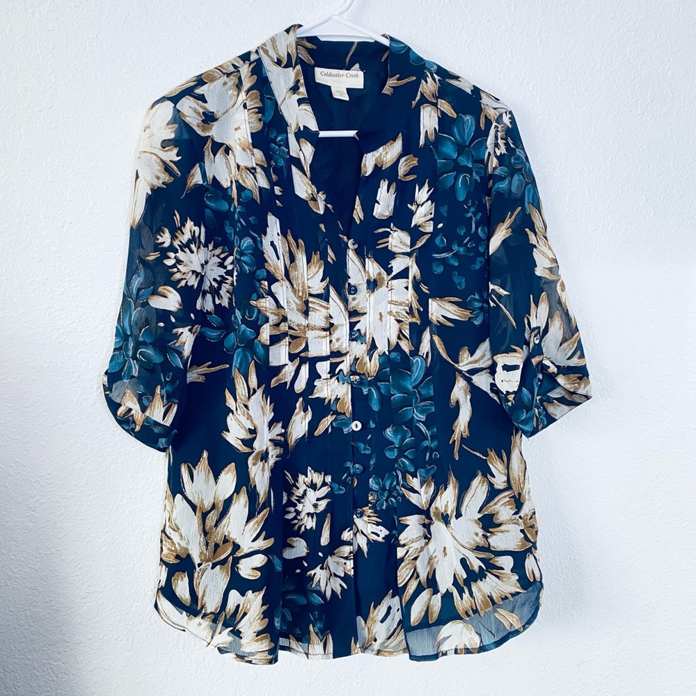 🍓 Coldwater Creek Boho Floral Pleated Button Front Short Sleeve Blouse Medium
